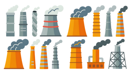 Set of industrial factory chimneys with smoke plumes on a black background pollution png Design Elements Isolated on Transparent Background