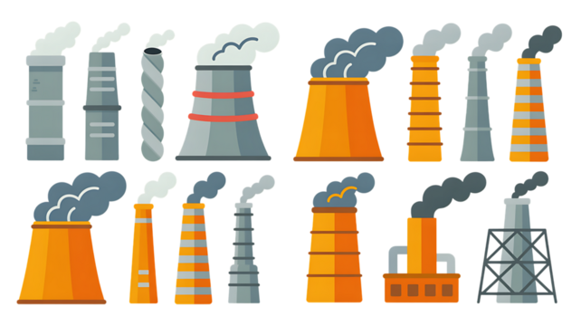 Set of industrial factory chimneys with smoke plumes on a black background pollution png Design Elements Isolated on Transparent Background