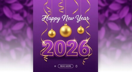 Happy New Year 2026 with golden ornaments and ribbons