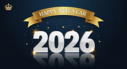 Happy New Year 2026 with Golden Ribbon and Crown celebration