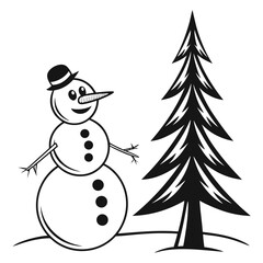 A cheerful black and white cartoon snowman wearing a hat stands next to a stylized evergreen tree on a snowy landscape