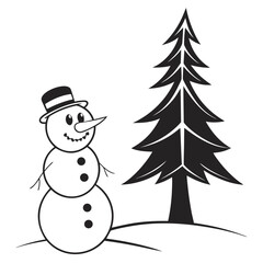 A cheerful cartoon snowman wearing a top hat stands next to a stylized evergreen tree on a snowy landscape