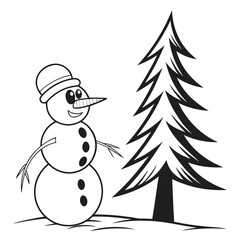 A cheerful cartoon snowman wearing a hat stands next to a stylized evergreen tree on a snowy ground