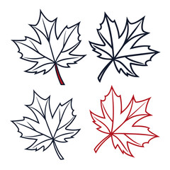 Fototapeta premium Four stylized maple leaf illustrations in outline form with dark blue and red accents on a white background