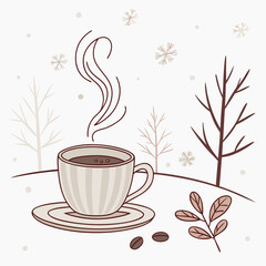 Cozy winter scene with a steaming cup of coffee on a saucer surrounded by snow falling on bare trees and coffee beans