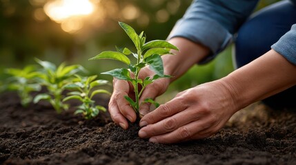 Hands planting a young green seedling in rich soil during golden hour sunset light