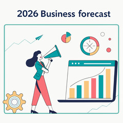 A businesswoman announces the 2026 business forecast with a megaphone, standing next to a laptop displaying a bar graph, accompanied by charts and a paper airplane