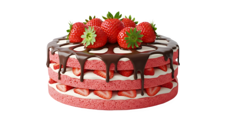 Delicious Fresh Strawberry Layer Cake with Pink Sponge and Chocolate Drizzle Product Shot isolated PNG with Transparent Background