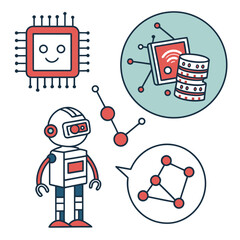 Illustration depicting a robot, a smiling chip, and data storage, showcasing artificial intelligence and machine learning concepts