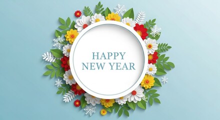 Happy New Year floral wreath with copy space greeting