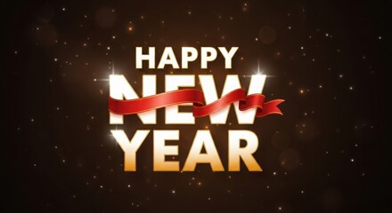 Happy New Year with Red Ribbon and Golden Sparkles