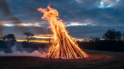 Large bonfire burning brightly at dusk with dramatic clouds in the sky