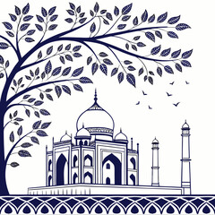 Stylized silhouette of the taj mahal with a large tree and birds in a minimalist blue and white design
