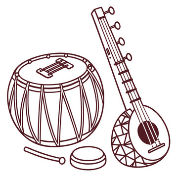 Illustration of indian musical instruments, including a tabla drum and a tanpura string instrument, showcasing traditional music culture