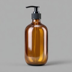 Amber glass pump bottle with black dispenser on a gray background