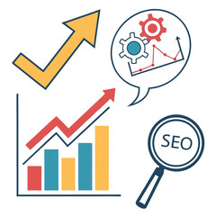 Illustrative graphic representing business growth analytics seo strategy and upward trending performance with charts and arrows