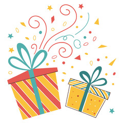 Two colorful gift boxes with ribbons and bows, surrounded by confetti and stars, , perfect for a birthday, holiday, or special occasion celebration