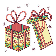 Two colorful gift boxes with ribbons and snowflakes, perfect for christmas, birthdays, or any special occasion, adding a touch of festive cheer and joy