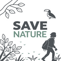 Save nature illustration with a hiker bird and foliage promoting environmental conservation and eco friendly living