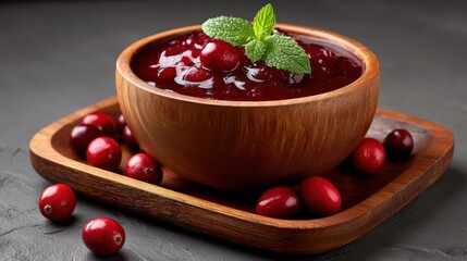 Rustic wooden bowl filled with fresh cranberry sauce garnished with mint leaves