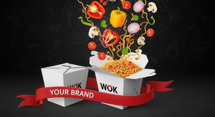 Wok Takeaway Boxes with Flying Ingredients and Red Ribbon