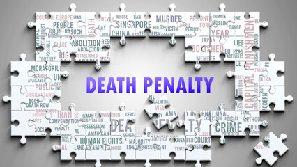 Death Penalty as a complex subject, related to important topics. Pictured as a puzzle and a word cloud made of most important ideas and phrases related to death penalty. ,3d illustration
