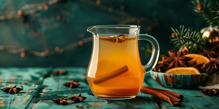 Warm spiced cider in a glass pitcher with cinnamon sticks and star anise, perfect for cozy winter evenings.
