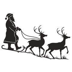 A silhouette depicts santa claus riding a sleigh pulled by two reindeers, creating a classic christmas scene