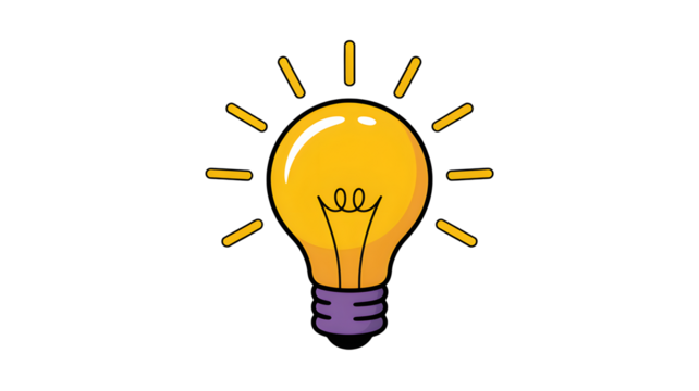 A glowing yellow light bulb with radiating lines, isolated on transparent background