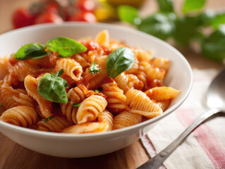 Delicious rotini pasta with tomato sauce and basil served in a white bowl on a rustic table.