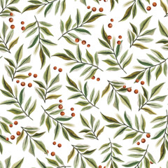 Seamless watercolor Christmas pattern with oranges, cinnamon, greenery, and spices. Festive citrus Christmas background.