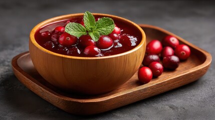 Delicious homemade cranberry sauce in a wooden bowl garnished with fresh mint leaves