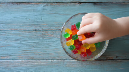 Top view of a child's hand grabbing colorful gummy bears from a glass bowl on rustic blue wooden background.