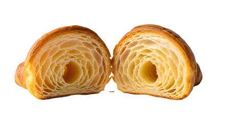 Freshly Baked Golden Croissant Cut in Half Revealing Flaky Layers isolated PNG with Transparent Background