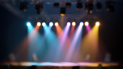 Colorful spotlights illuminate an empty stage, creating a dramatic atmosphere for an upcoming performance.