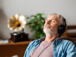 Senior man with gray hair sitting comfortably with eyes closed, listening to music on headphones and relaxing at home.