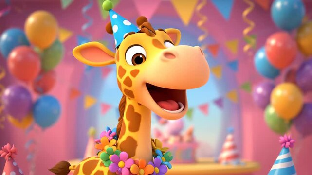 Animated giraffe character at a party with balloons and decorations