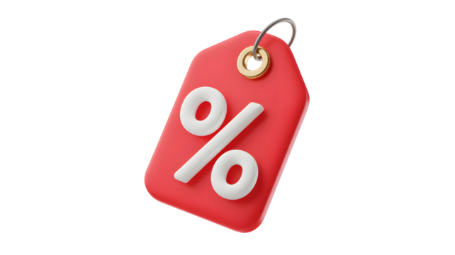 A red price tag with a percentage symbol isolated on transparent background