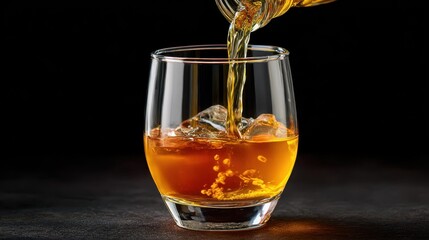 Amber colored liquid pouring into a clear glass filled with ice cubes on a dark background