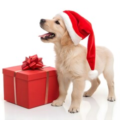 Adorable Golden Retriever Puppy in Santa Hat with Red Gift Box