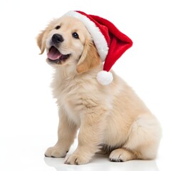 Adorable Golden Retriever Puppy Wearing Santa Hat on White Background