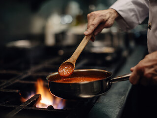 A chef stirring red sauce in a pan over a gas flame in a professional kitchen setting.