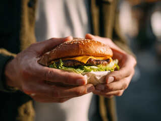 Person holding a freshly made cheeseburger with lettuce and cheddar, ready to take a bite.