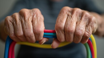 Close up of an elderly woman hands gripping colorful resistance bands for physical therapy and rehabilitation. Home exercise and senior fitness concept.
