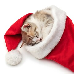 Adorable Cat Sleeping Inside Christmas Stocking on White Background