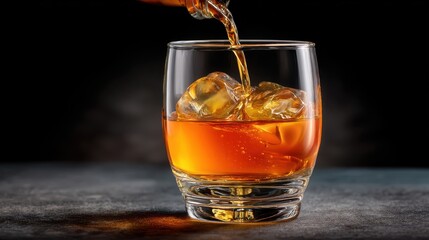 Amber colored whiskey being poured over ice cubes into a clear glass with a dark background