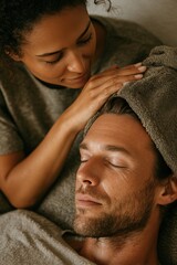 Woman Comforting Ill Partner in Bed with Towel on Forehead