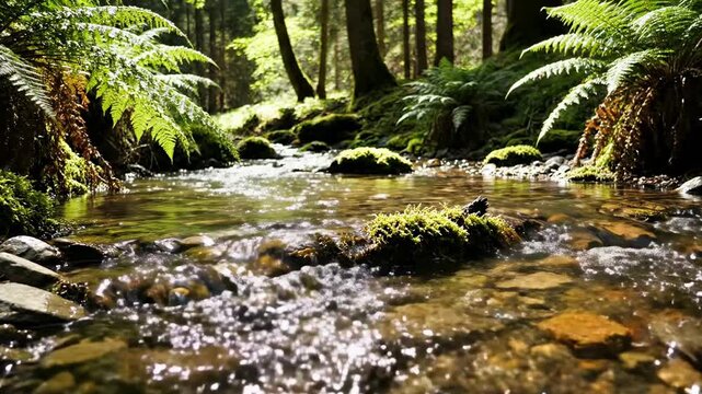 A crystal-clear stream meanders gracefully through a vibrant, ancient forest, with fresh water gently cascading over smooth, moss-covered rocks. Dappled sunlight filters through the dense canopy of tr
