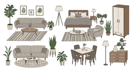 interior design plan illustration showcasing furniture layout and home decor elements for architectural visualization and real estate marketing