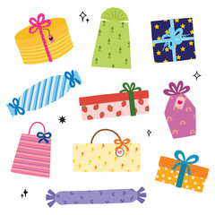 set of colorful gift boxes and gift wrapped 